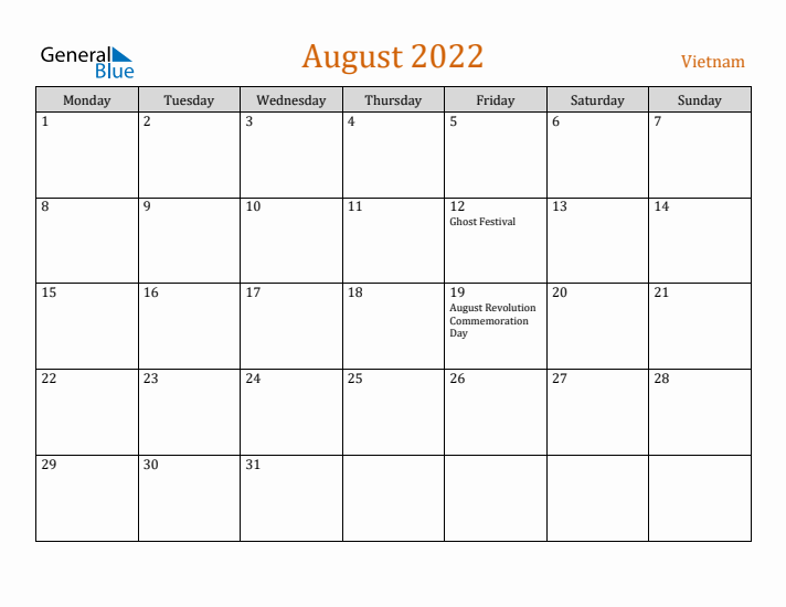 August 2022 Holiday Calendar with Monday Start