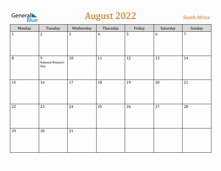 August 2022 Holiday Calendar with Monday Start