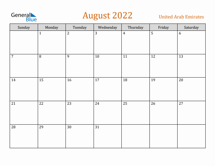 August 2022 Holiday Calendar with Sunday Start