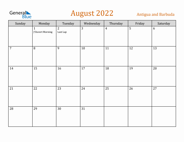 August 2022 Holiday Calendar with Sunday Start