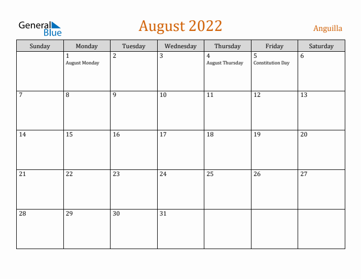 August 2022 Holiday Calendar with Sunday Start