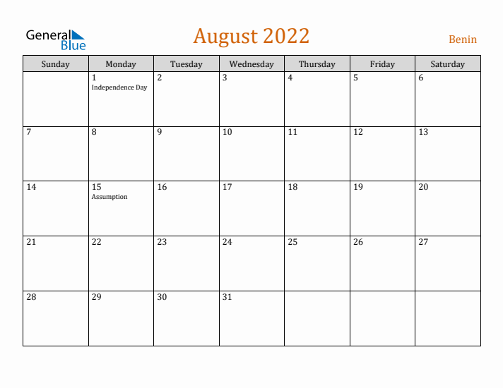 August 2022 Holiday Calendar with Sunday Start