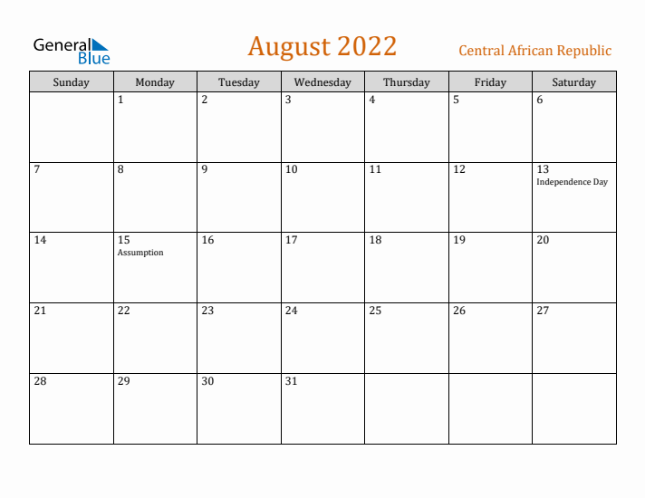 August 2022 Holiday Calendar with Sunday Start