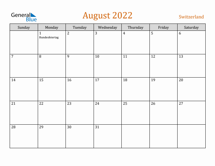 August 2022 Holiday Calendar with Sunday Start