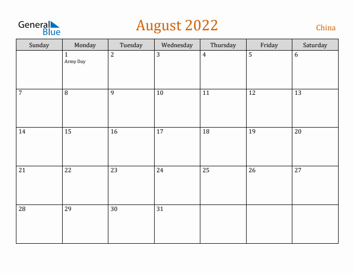 August 2022 Holiday Calendar with Sunday Start