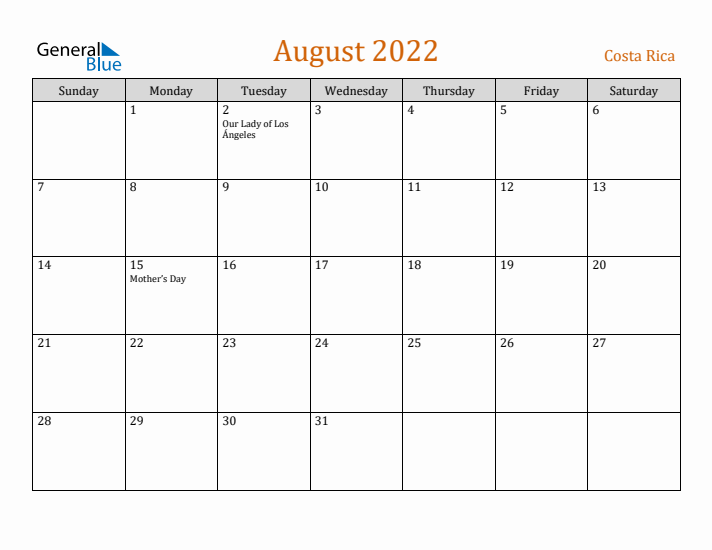 August 2022 Holiday Calendar with Sunday Start