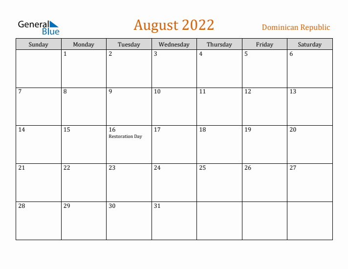 August 2022 Holiday Calendar with Sunday Start