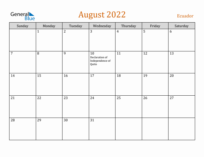 August 2022 Holiday Calendar with Sunday Start