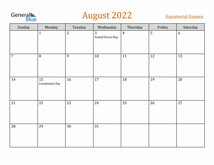 August 2022 Holiday Calendar with Sunday Start