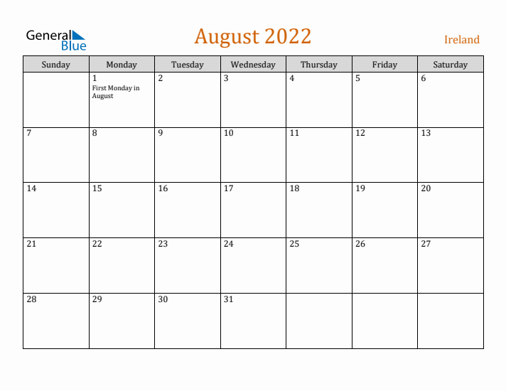 August 2022 Holiday Calendar with Sunday Start