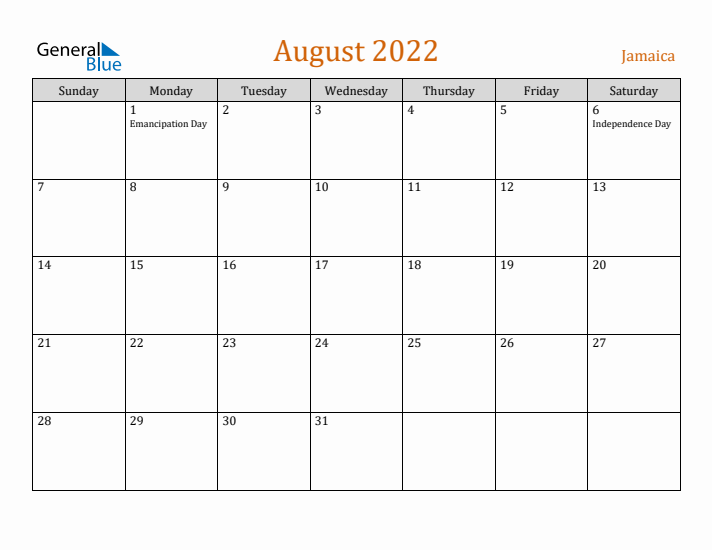 August 2022 Holiday Calendar with Sunday Start