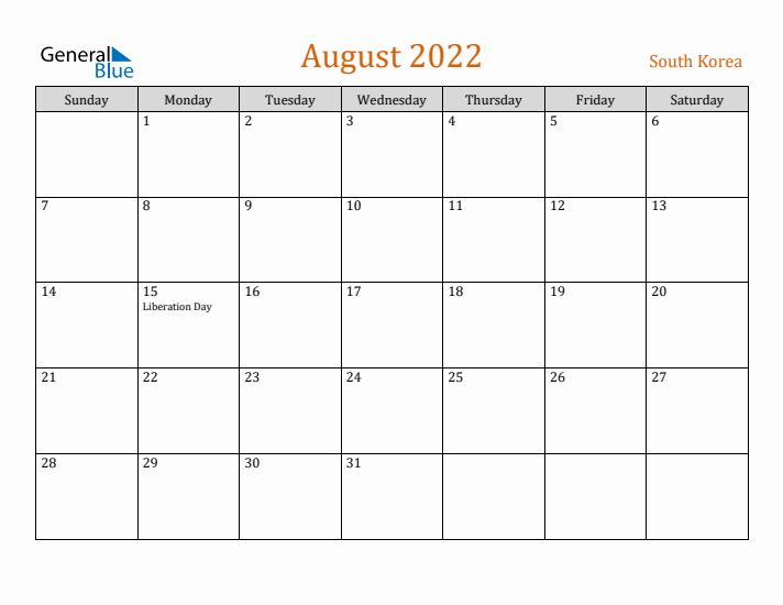 August 2022 Holiday Calendar with Sunday Start