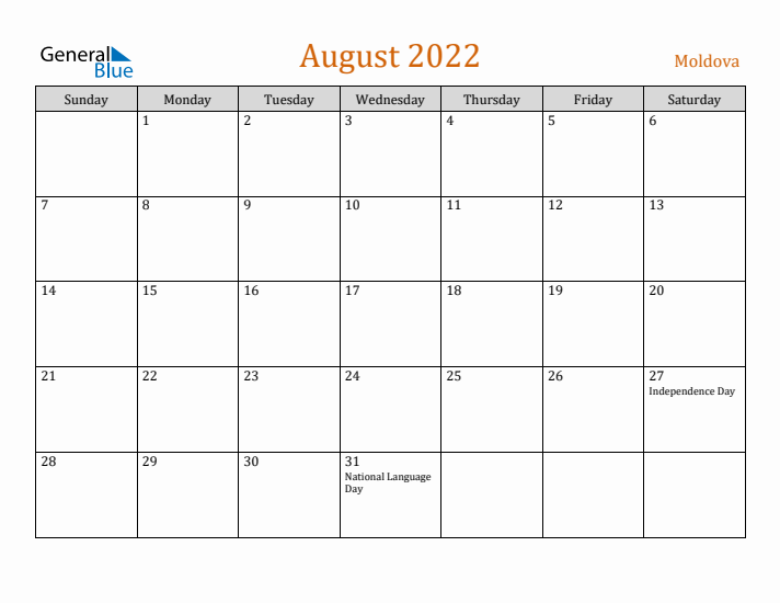 August 2022 Holiday Calendar with Sunday Start