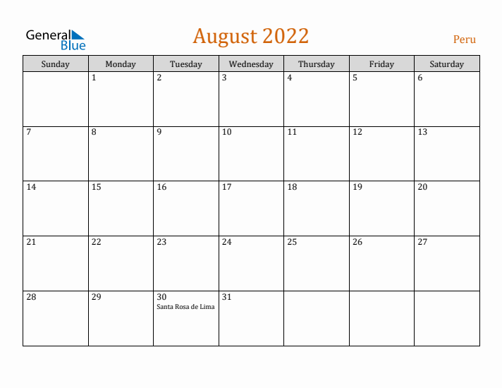 August 2022 Holiday Calendar with Sunday Start