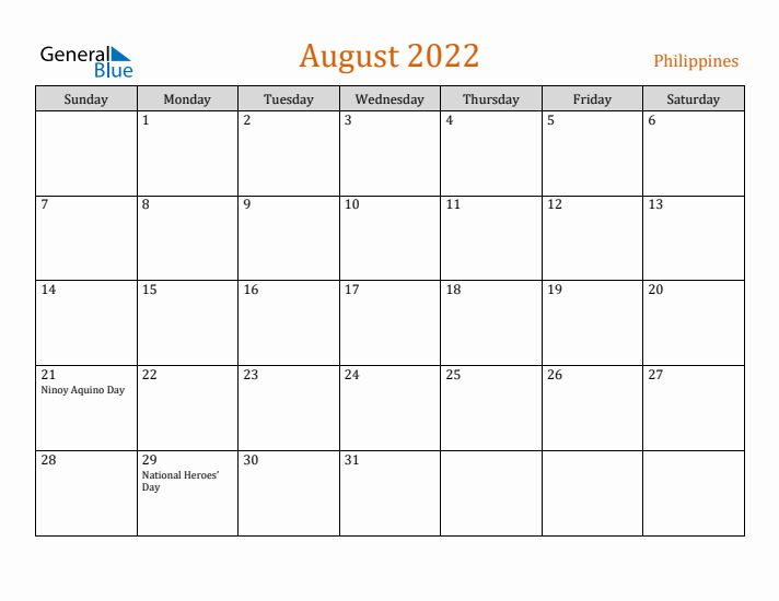 August 2022 Holiday Calendar with Sunday Start