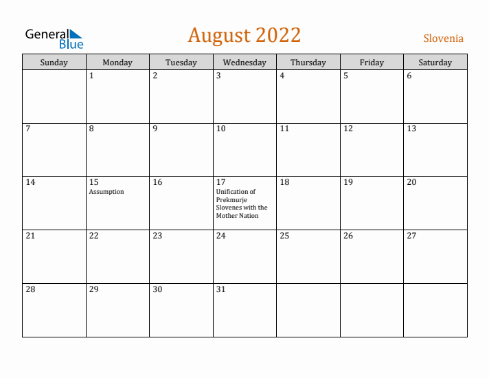 August 2022 Holiday Calendar with Sunday Start