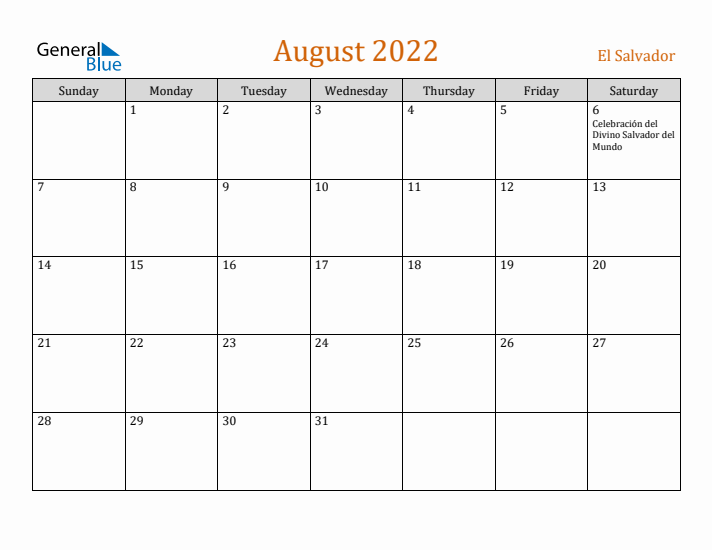 August 2022 Holiday Calendar with Sunday Start