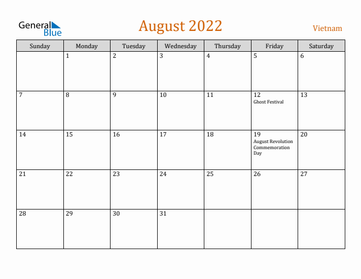 August 2022 Holiday Calendar with Sunday Start