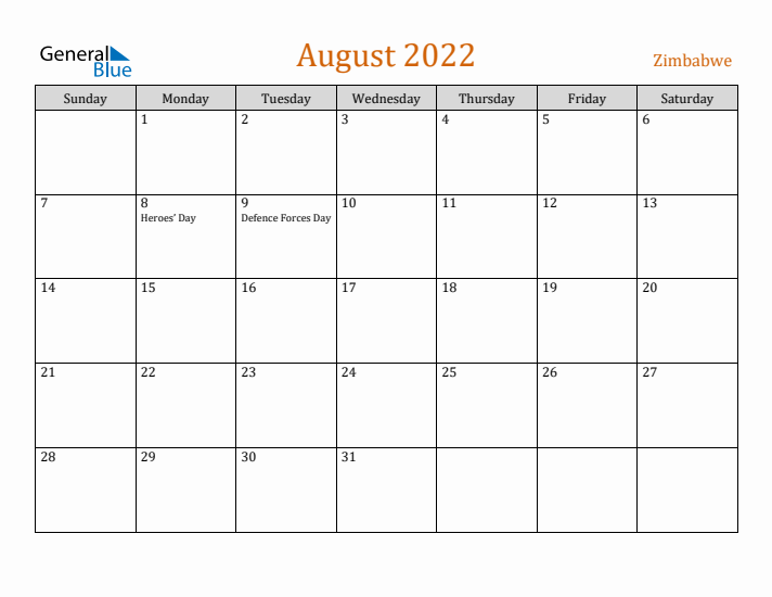 August 2022 Holiday Calendar with Sunday Start