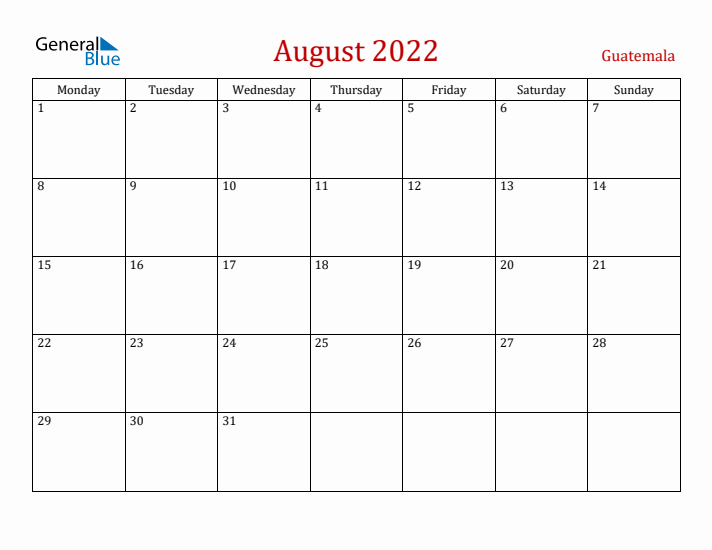 Guatemala August 2022 Calendar - Monday Start