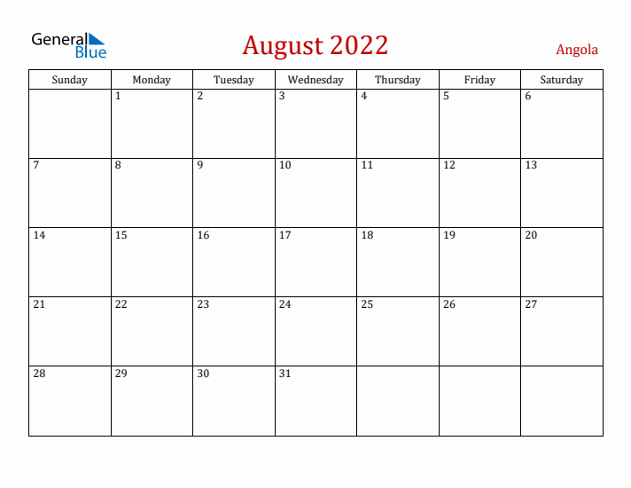 Angola August 2022 Calendar - Sunday Start