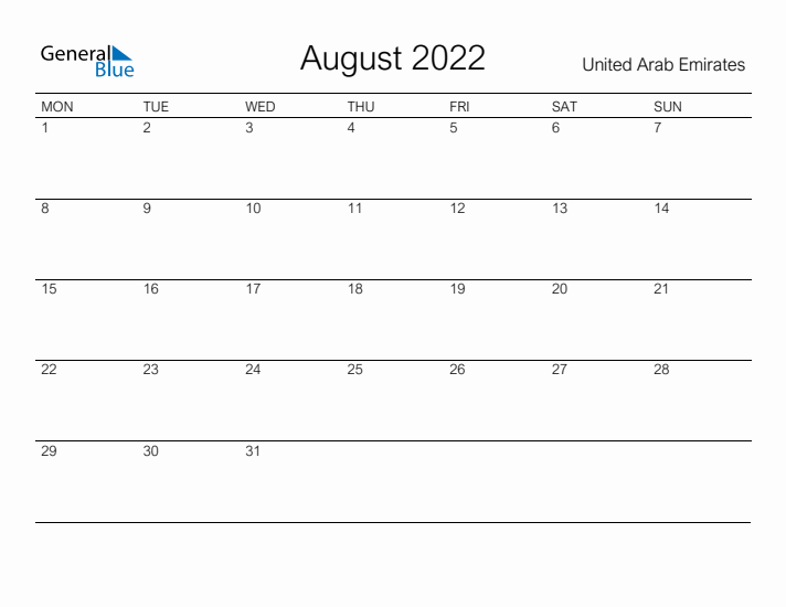 Printable August 2022 Calendar for United Arab Emirates