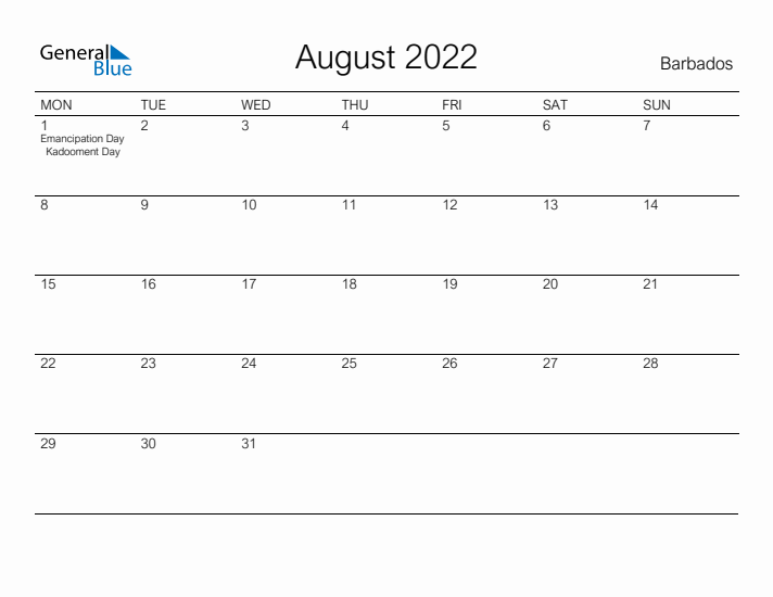 Printable August 2022 Calendar for Barbados