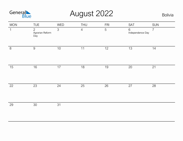 Printable August 2022 Calendar for Bolivia