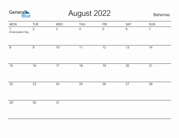 Printable August 2022 Calendar for Bahamas