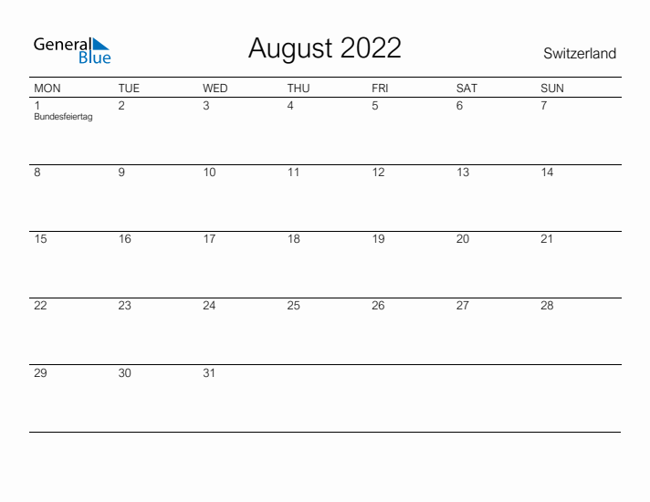 Printable August 2022 Calendar for Switzerland