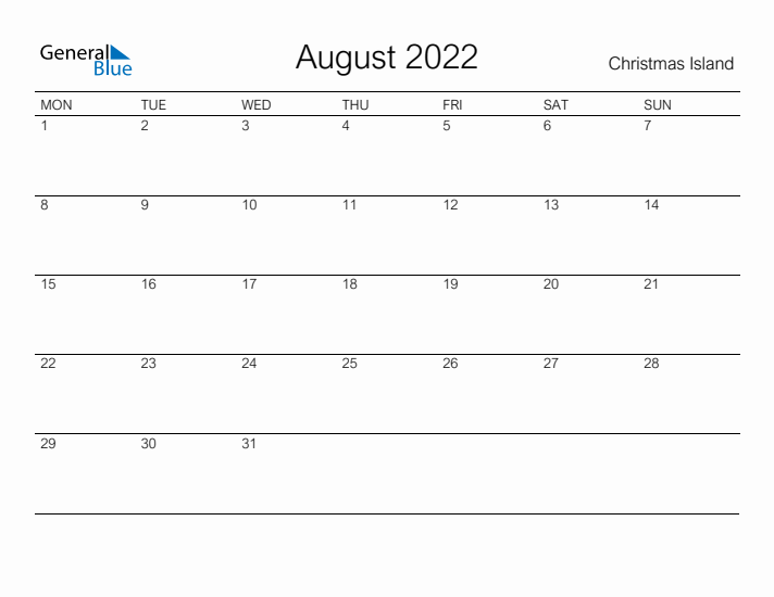 Printable August 2022 Calendar for Christmas Island