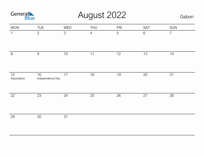 Printable August 2022 Calendar for Gabon