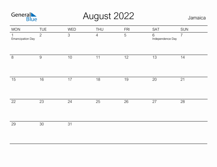 Printable August 2022 Calendar for Jamaica