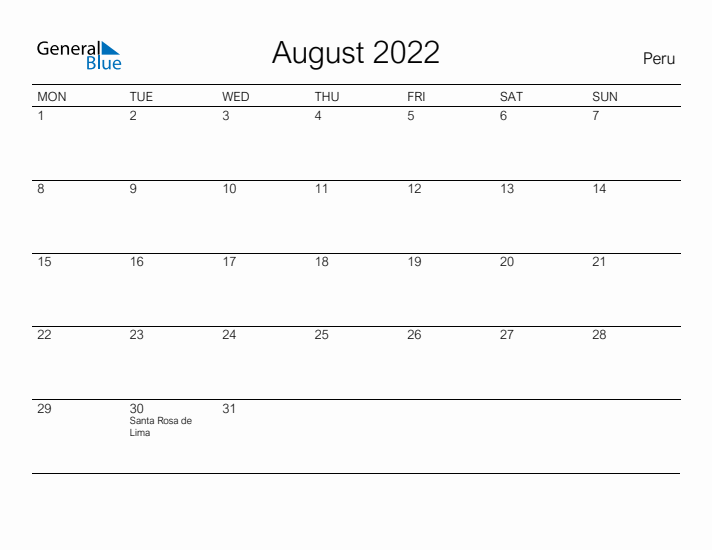 Printable August 2022 Calendar for Peru