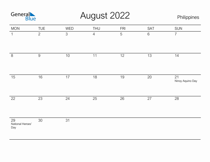 Printable August 2022 Calendar for Philippines