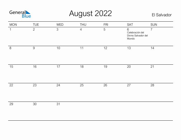 Printable August 2022 Calendar for El Salvador