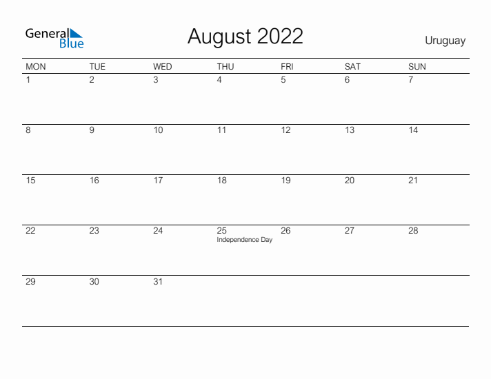 Printable August 2022 Calendar for Uruguay