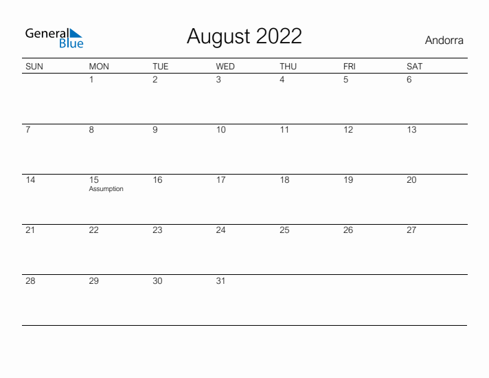 Printable August 2022 Calendar for Andorra