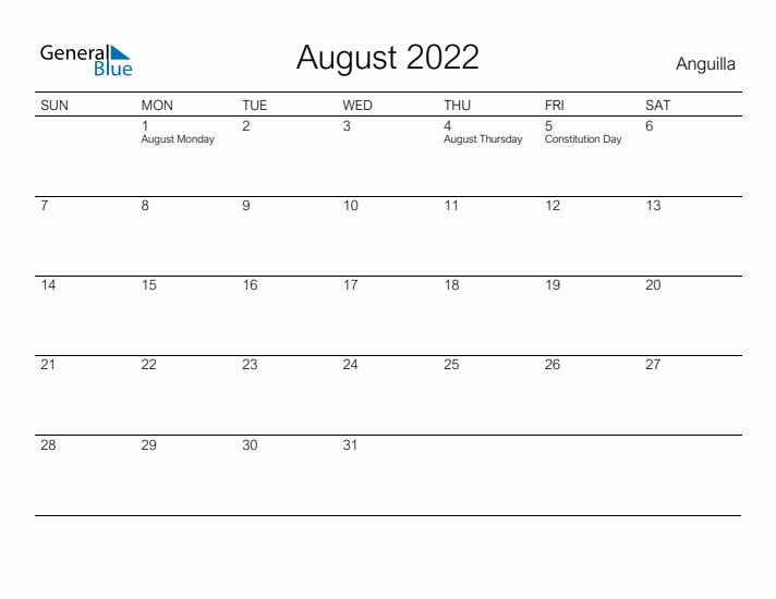 Printable August 2022 Calendar for Anguilla