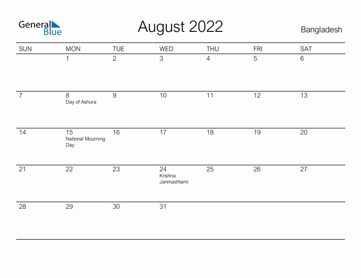 Printable August 2022 Calendar for Bangladesh