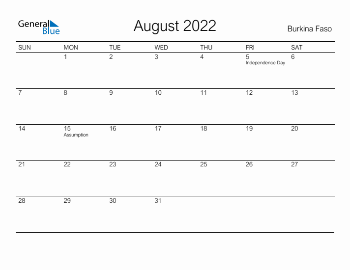 Printable August 2022 Calendar for Burkina Faso