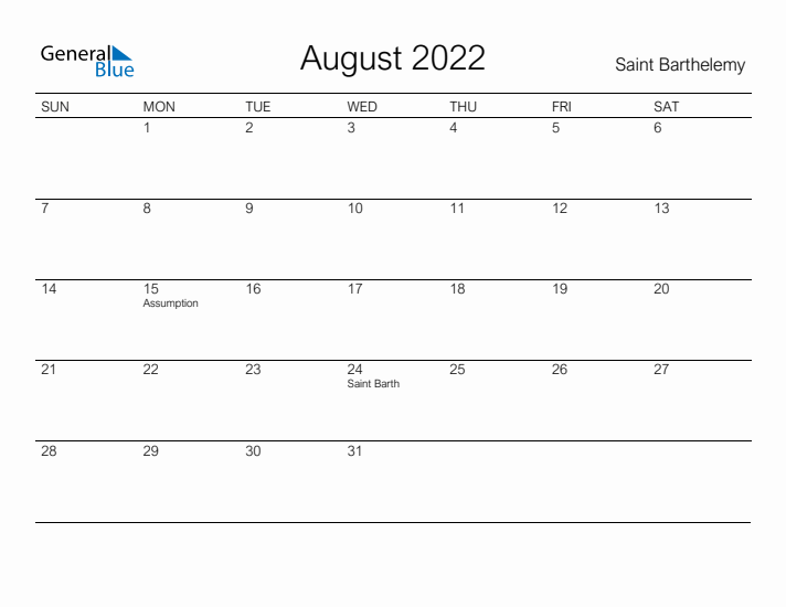 Printable August 2022 Calendar for Saint Barthelemy