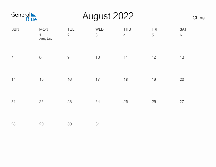 Printable August 2022 Calendar for China