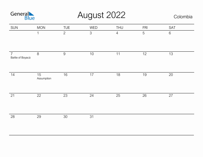 Printable August 2022 Calendar for Colombia