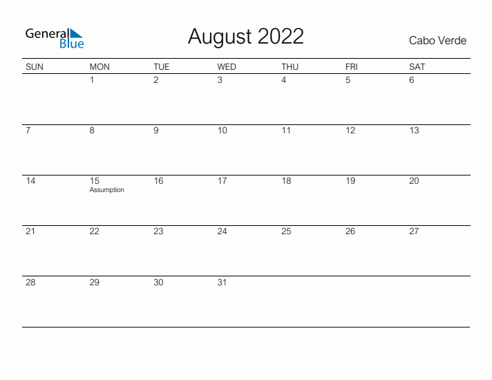 Printable August 2022 Calendar for Cabo Verde