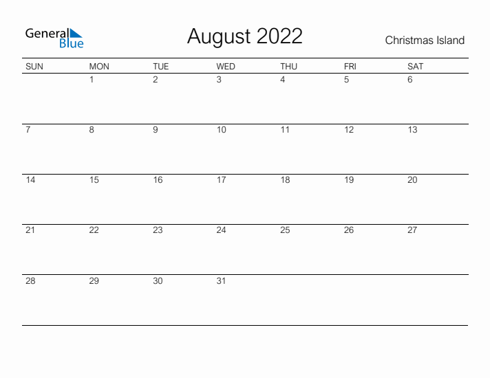 Printable August 2022 Calendar for Christmas Island