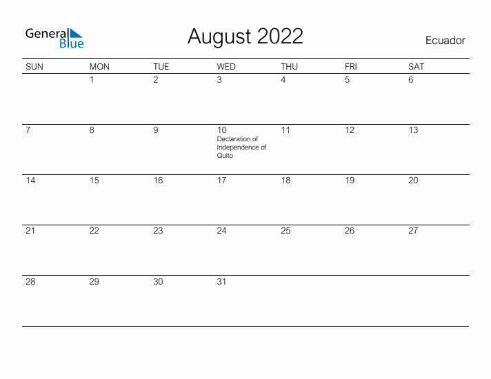 Printable August 2022 Calendar for Ecuador