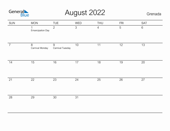 Printable August 2022 Calendar for Grenada