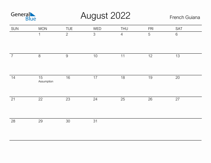 Printable August 2022 Calendar for French Guiana