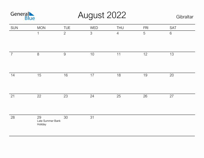 Printable August 2022 Calendar for Gibraltar